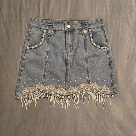 Pearl-Embellished Denim Mini Skirt